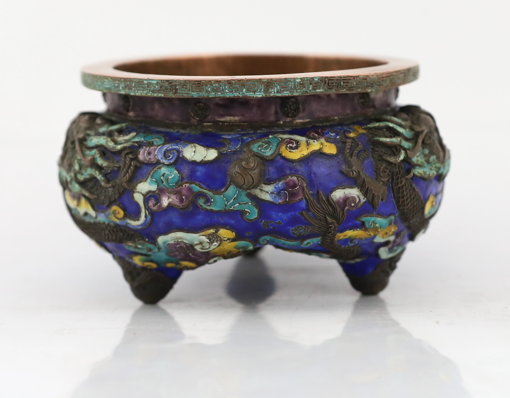 A rare Chinese champlevé enamel and copper repousse work ‘dragon’ censer, Xuande six character mark, 18th/19th century